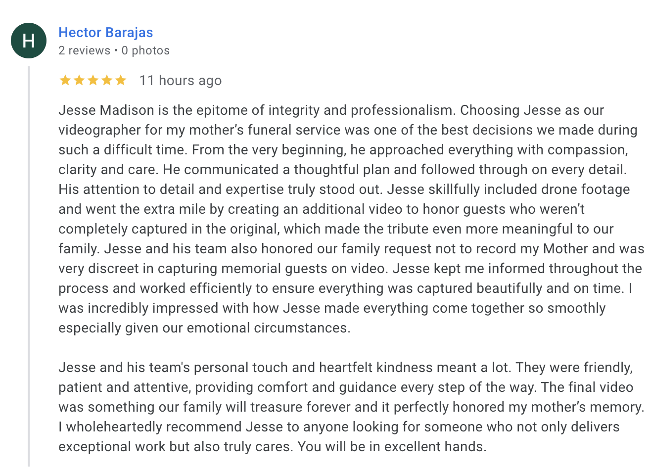 Orange County Memorial Videographer testimonial